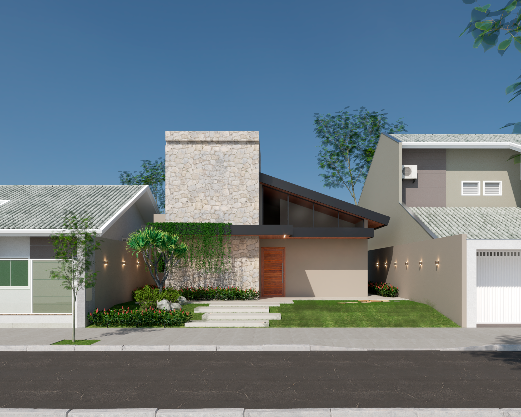Área social integrada com amplas aberturas de vidro, iluminação suave e decoração minimalista - Projeto Casa Horizonte